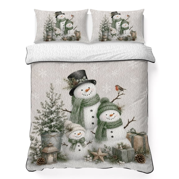 King Quilt Bedding Set, Christmas Winter Snowman Snowflake 3 Piece Bedding Set Breathable Quilt with 2 Pillow Shams, Rustic Pine Tree Leaves Soft Microfiber Summer Comforter for Hot Sleepers