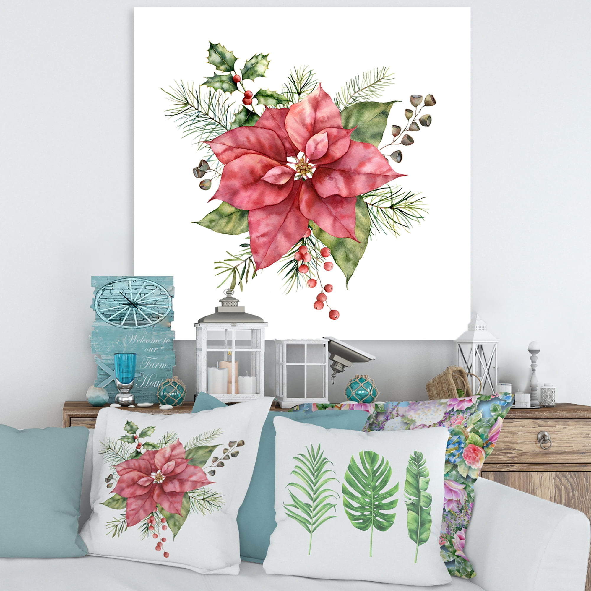 Designart ' Christmas Fir Branch and Holly Mistletoe Berries II ' Traditional Canvas Wall Art Print