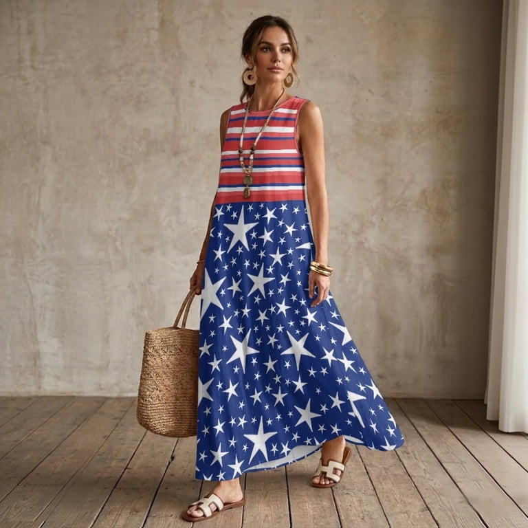 fourth of july maxi dress Jiueut American Flag Star Print Maxi Dresses for Women 2026 Vacation Casual  Sundresses, 4th of July Linen Look Sleeveless Maxi Dress for Women with  Pockets, Flowy Summer Dress, 3XL