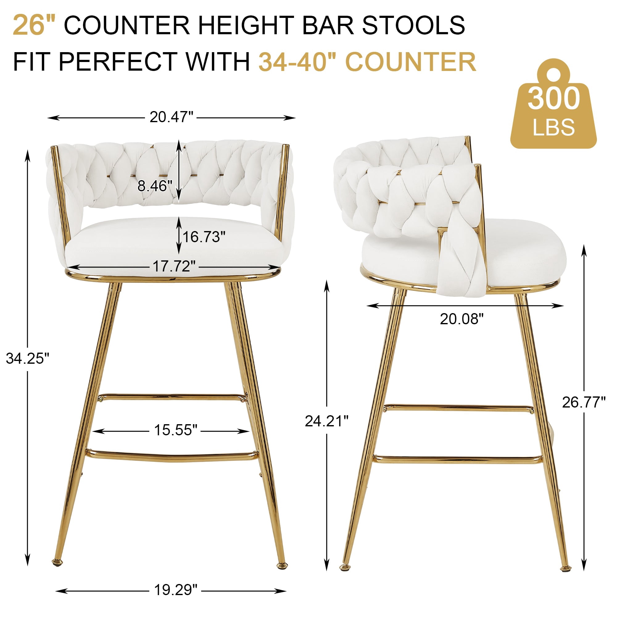 VECELO Modern Braided Bar Stools Set of 4 – Velvet Counter Height Stools with Woven Back Support & Footrest, Heavy-Duty Metal Frame Bar Chairs for Kitchen Island,White
