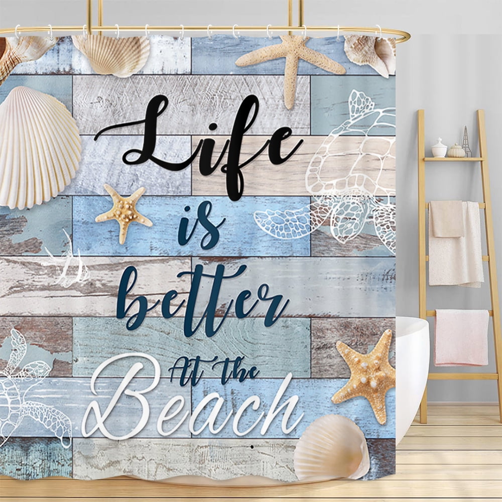 Beach Shower Curtain, Beach Theme Starfish Seashell Sea Turtle Bathroom