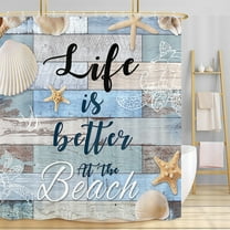 Beach Shower Curtain, Beach Theme Starfish Seashell Sea Turtle Bathroom Curtains, Rustic Vintage Wood Ocean Quote Words Fabric Shower Curtain Set, Nautical Coastal Restroom Decor Accessories, 60X70in