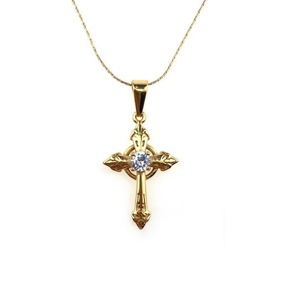Paris Jewelry 24K Yellow Gold 1 ct Created Diamond Cross Stud Necklace Plated 18 inch plated