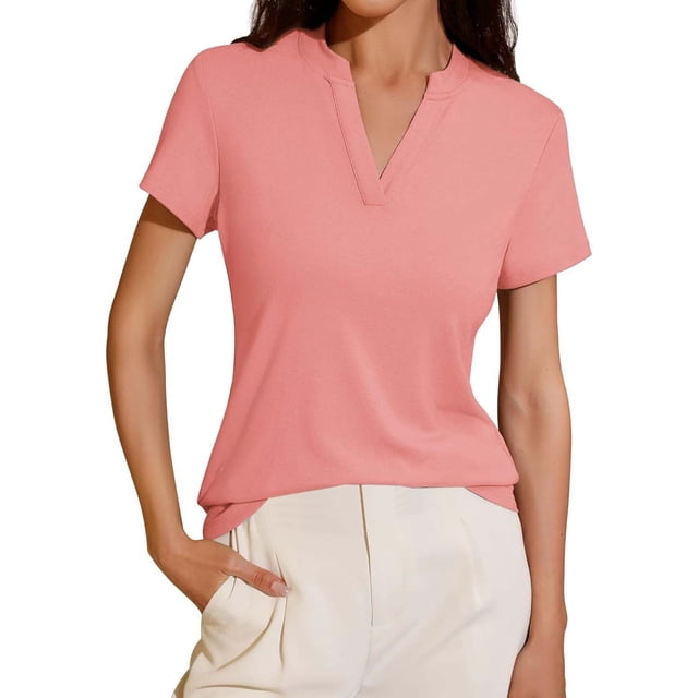 V Neck Loose Fit Short Sleeve Shirt For Women Spring Summer Tail Hem Blouse Top