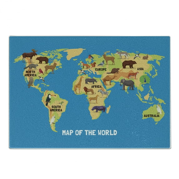Wanderlust Cutting Board, Flat Map of World Animals Living in Different Parts of Continents, Decorative Tempered Glass Cutting and Serving Board, Small Size, Blue Pale Orange Brown, by Ambesonne