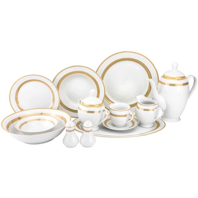 57pc Bone China Porcelain Dinnerware Set w/ Golden Rims, Super White Elegant Dinner Set, Dinner