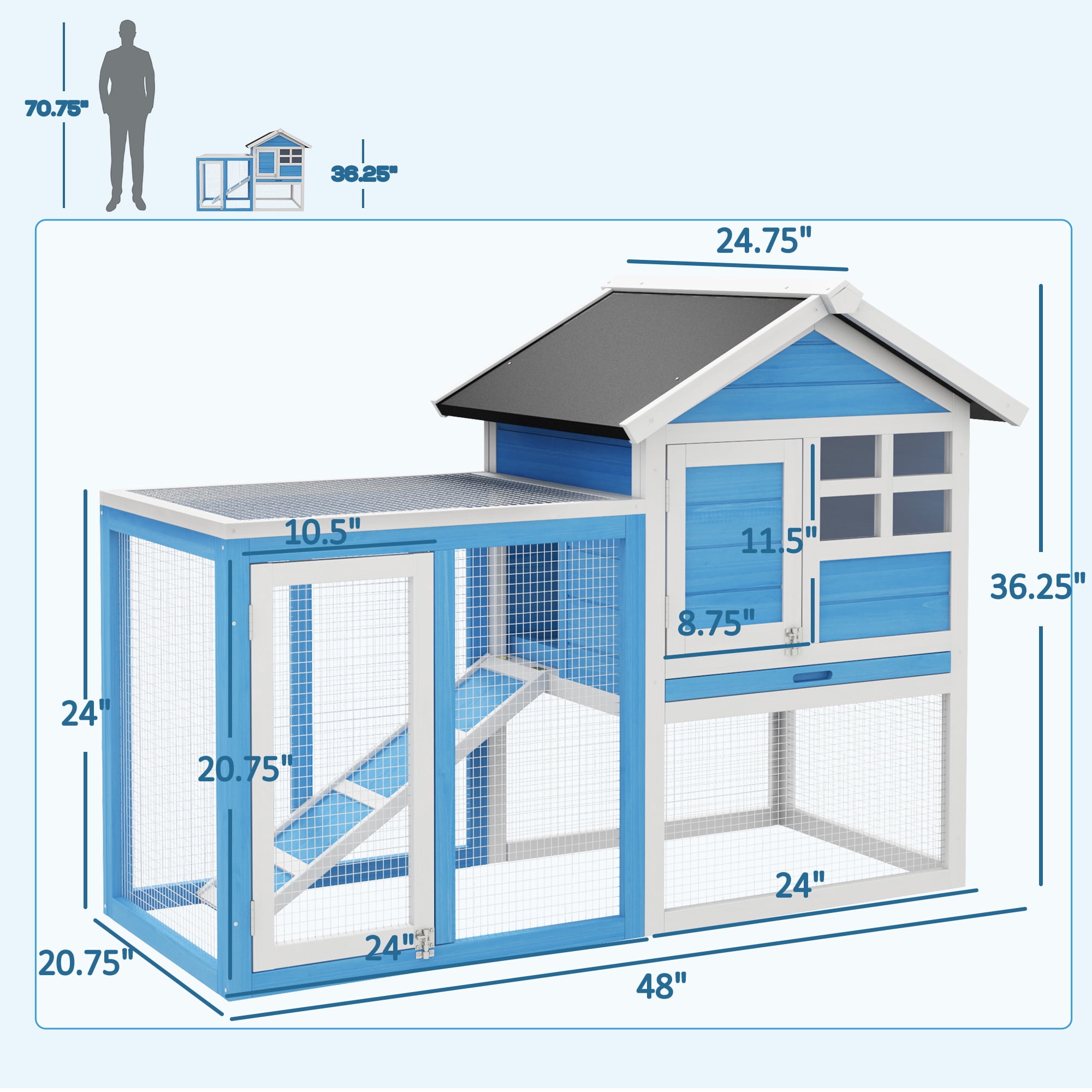 48" Wooden Rabbit Hutch Bunny Cage with Waterproof Asphalt Roof, Fun Outdoor Run, Removable Tray and Ramp, Light Blue