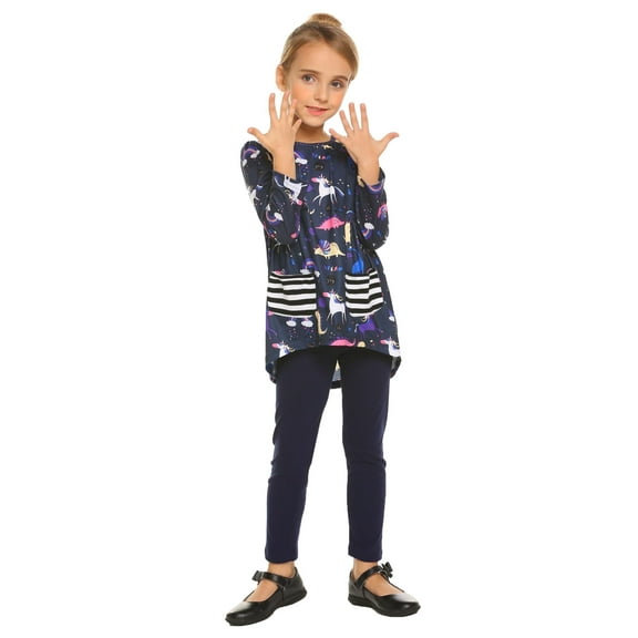 Arshiner Little Girls Outfits Cute Clothing Sets Long Sleeve 2pcs Pants Sets with Pockets Navy Blue 6-7 Years