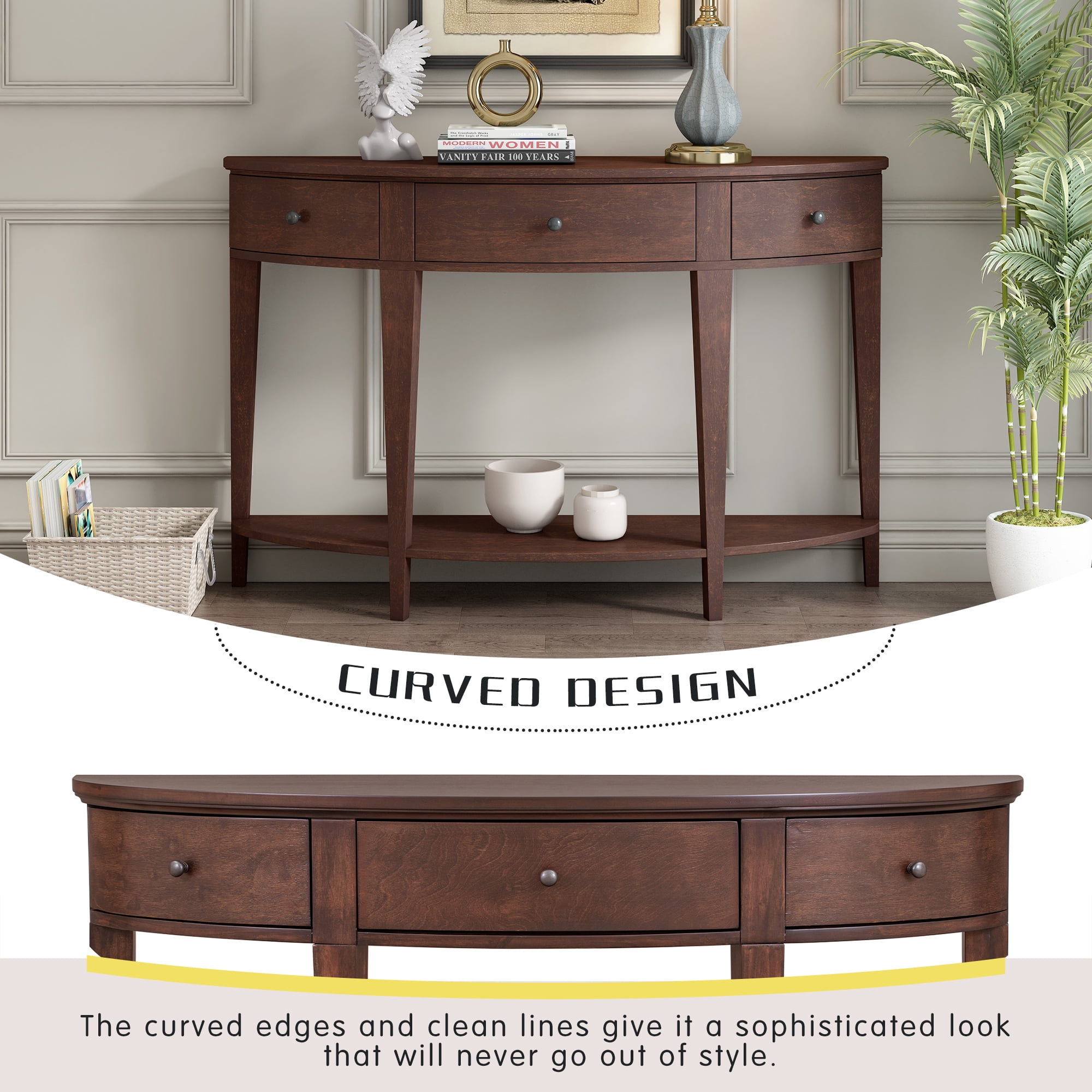 Lunale 55.1" Modern 3-drawer Curved Console Table with Storage Shelf, Sideboard Buffet Cabinet Sofa Table for Bedroom, Living Room, Brown