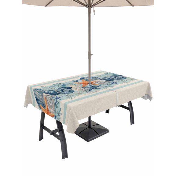 Outdoor Tablecloth with Umbrella Hole for Patio/Picnic/Party/Camping, Summer Coastal Waterproof Table Cloth Rectangle Table Cover Washable, Watercolor Sea Marine Starfish Conch Coral Beige (54"x 80")