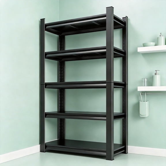 5 Tier Adjustable Heavy Duty Pot & Pan Organizer, Black Metal Shelving with Storage, 2400lb Racks, Garage Storage Racks, Industial Shelving for Kitchen Pantry Dinning Room, 46"W x63"H x 24"D