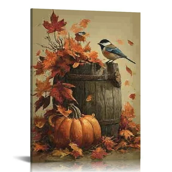 GooTPa Autumn Pumpkin and Bird Canvas Wall Art, Canvas Prints Wall Art for Living Room Bathroom Bedroom Office, Art Print Painting for Home Decorations - 12x16in