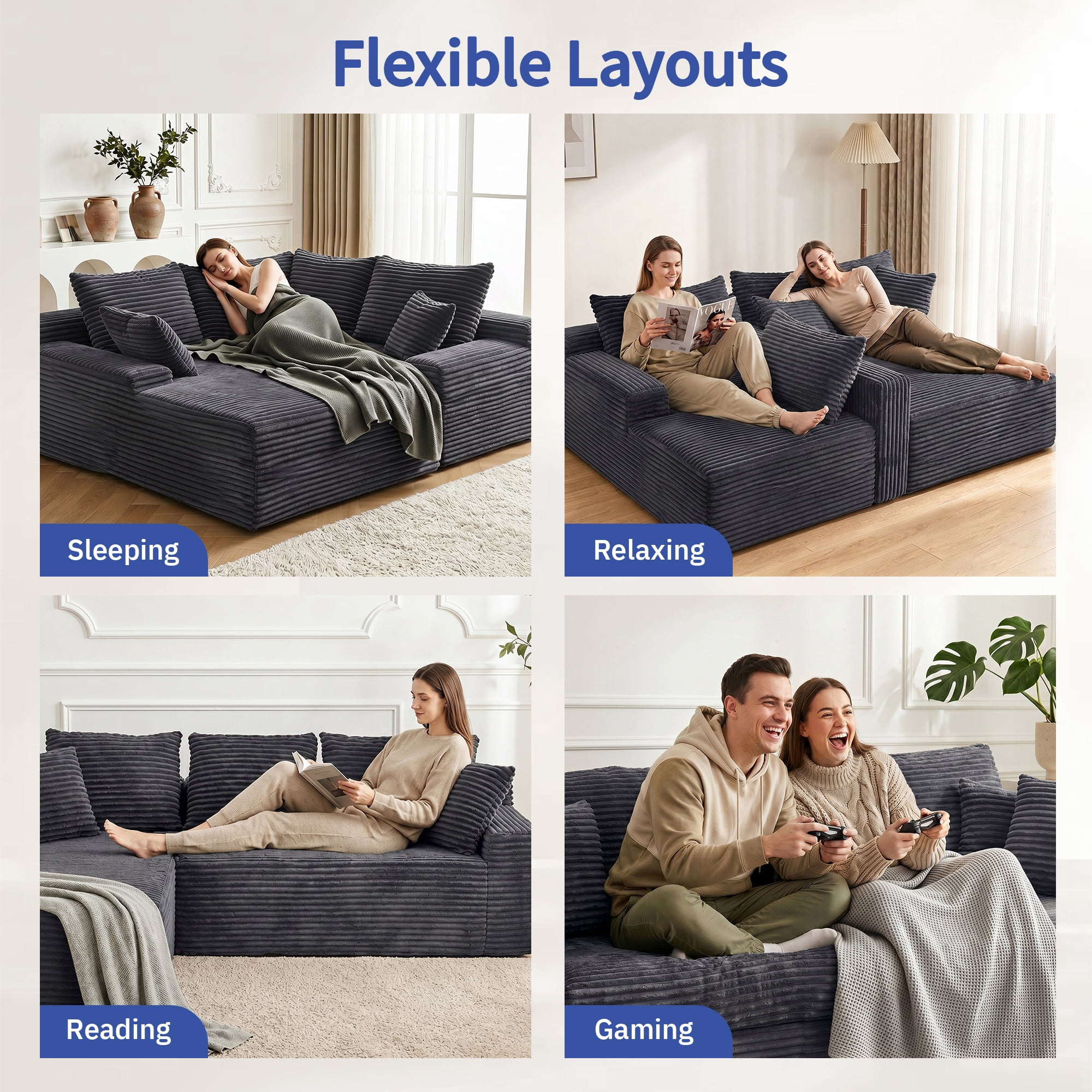 Leumius 95" Boneless Modular Sectional Sofa with Chaise,L-Shaped Comfy Corduroy Couch with Deep Seat,Upholstered Sectional Couch for Living Room, No Assembly,Gray