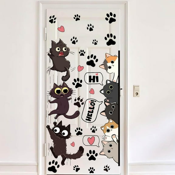 2 Sheets Cute Cat Wall Stickers Kitty Window Clings Cartoon Cats Wall Decals Paw Prints PVC Waterproof Self Adhesive Decor for Bedroom Nursery Living Room Kitchen Store Door 11.8x35.5 Inch 1set