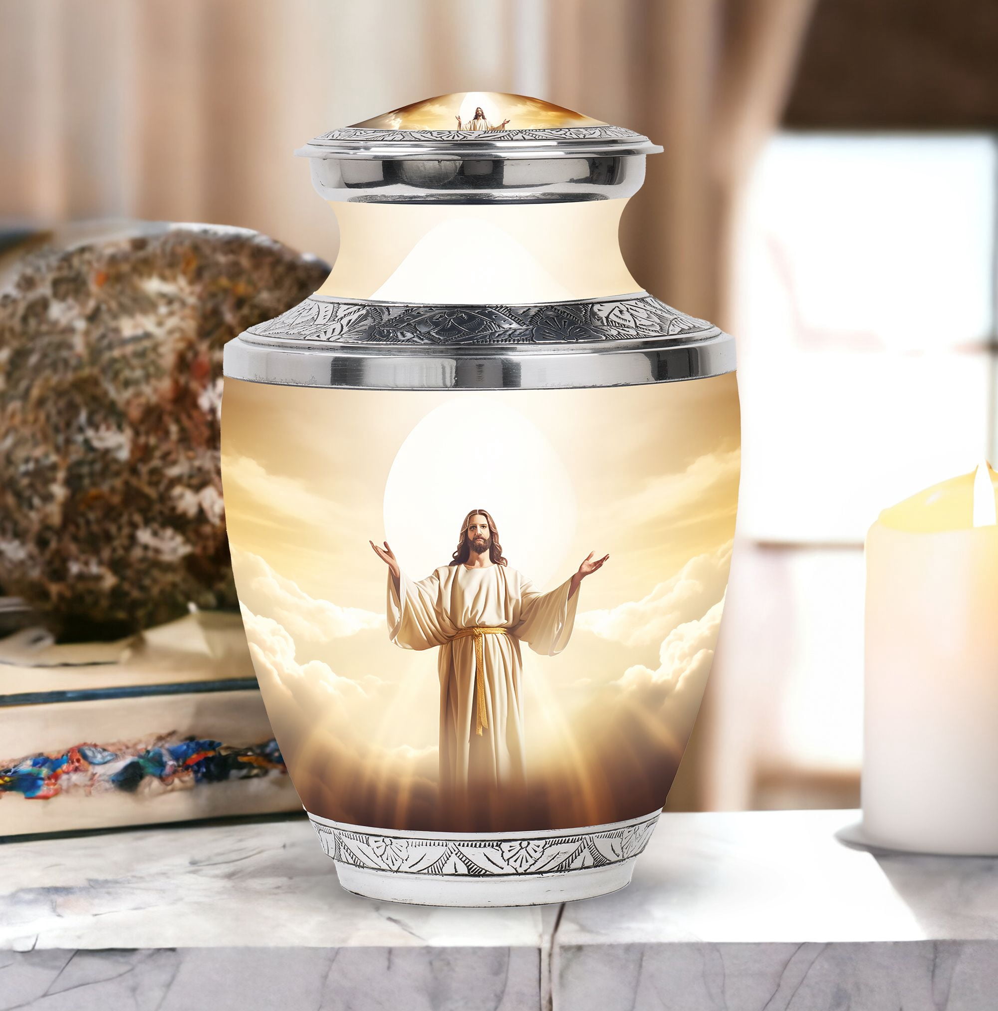 Jesus Christ Large Urns For Human Ashes Adult Male And Female - Mini Unique Urn For Ashes Adult Man - Decorative Gifts For Memorial Combo 10Inch 200Lbs And 3Inch Keepsake
