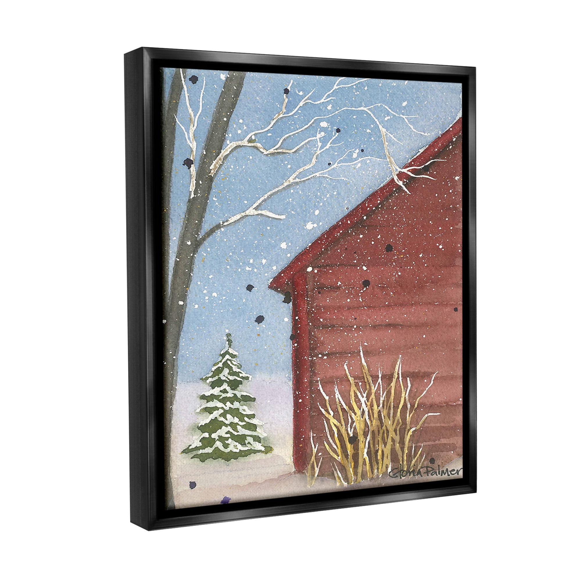 Stupell Industries Winter Snowy Cabin Holiday Painting Black Floater Framed Canvas Art Print Wall Art, 17 x 21