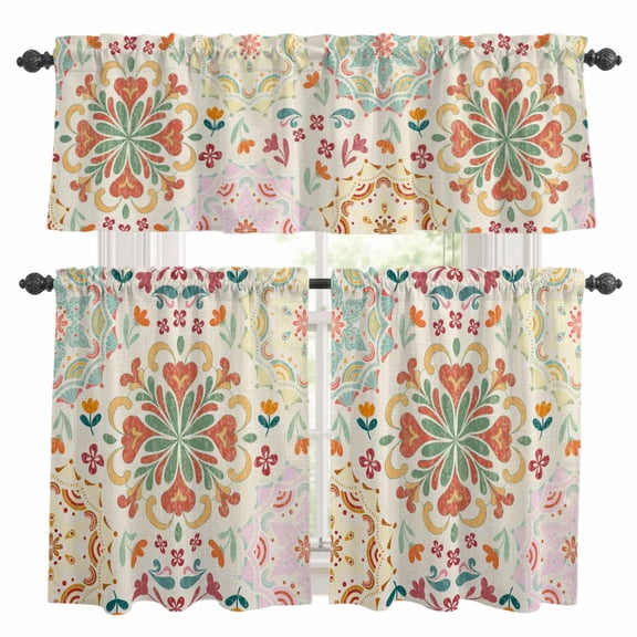 Beige Boho Kitchen Curtains Sets for Windows 24 Inch Length, Retro Ethnic Shabby Colorful Floral Patterned Rod Pocket Window Treatments Tier Curtains and Valances Set for Bedroom/Bathroom