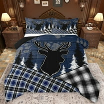 Feelyou Wildlife Reindeer Moose Bedding Comforter Set, Checkered Buffalo Plaid Twin Comforter Sets, Navy Vintage Farmhouse Reversible Bedding Set, Breathable Home Decor, 2-Piece