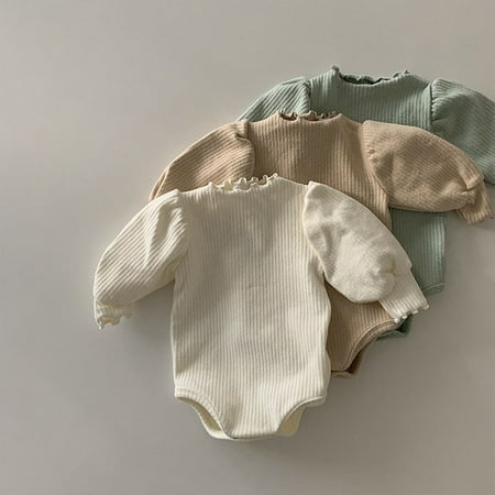 

DancePeanut Newborn Baby Boys Girls Romper Rib Wood Ear Edge Solid Color Bodysuit Cotton Ruffles Collar Blank Winter Newborn Romper