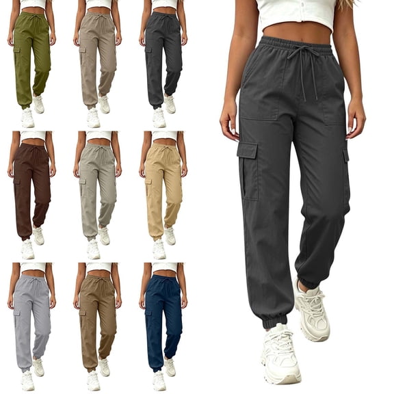 WAVSUF Women's Cargo Pants, Elastic Waist Loose Fit Multiple Pockets Fall Casual Hiking Joggers Black L