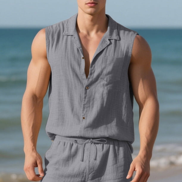Camiseta sin mangas con cuello vuelto para hombre, de lino, de color liso, informal, sin mangas, con botones y bolsillos, de poliéster, para verano