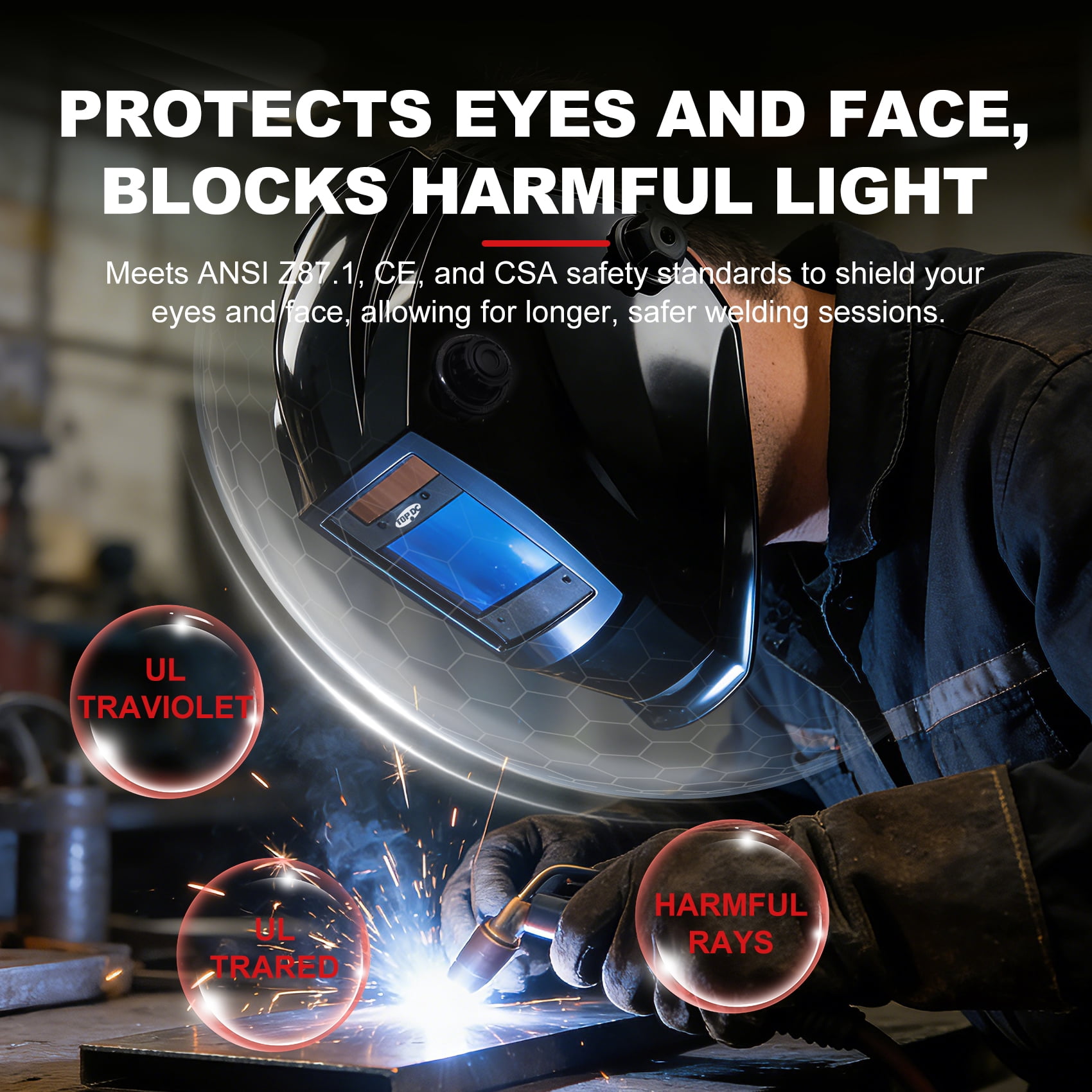 Auto Darkening Welding Helmet, Large 3.94" x 2.64" Viewing Screen, True Color, 4 Arc Sensors, Solar & Battery Powered Weld Hood, DIN 4/5-9/9-13 for MIG TIG ARC