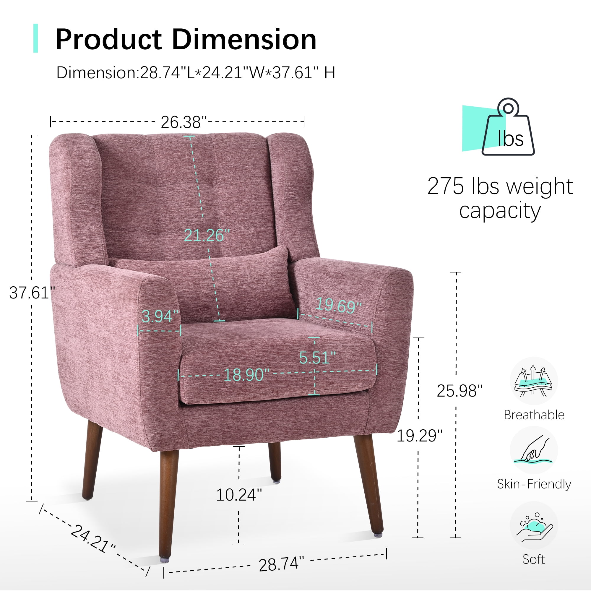 AISWORD Modern Accent Chair, Upholstered Armchair with Pillow, Fabric Single Sofa Chair with Lounge Seat and Wood Legs Accent Chair for Living Room Bedroom Small Spaces, Dark Purple