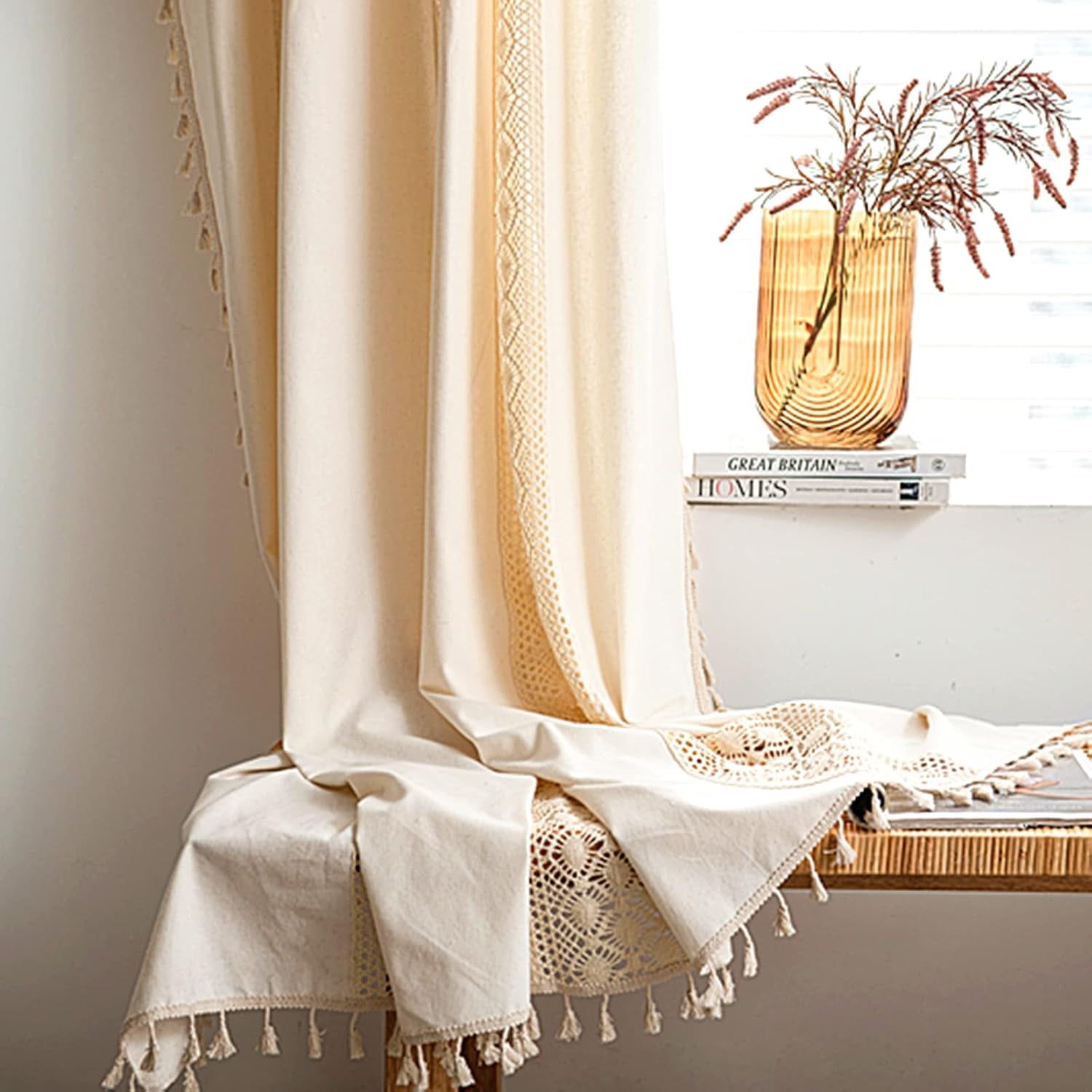 Vireellx Boho Curtains for Bedroom, Cream Hollow Crochet Stripes and Florals Print Cotton Linen Fabric Patchwork, Bohemian Beige Tassel Semi-Blackout Window Panel Farmhouse Drape