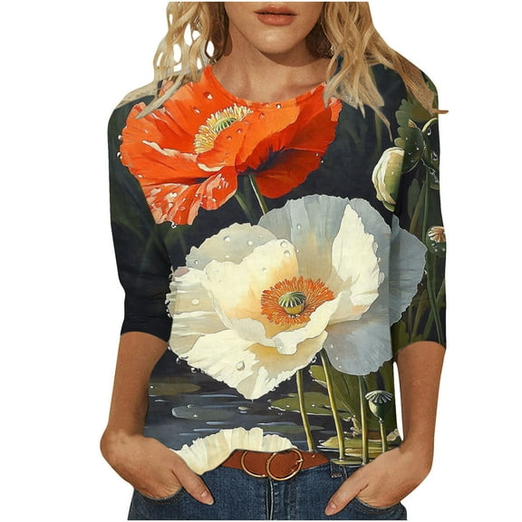 CYMMPU Flower Pattern 3/4 Sleeve Blouses for Women Dressy Casual Spring Tops Crew Neck Fall Trendy Shirts Tunic Tops Loose Fit Lightweight Basic Tees Multicolor XXXXL