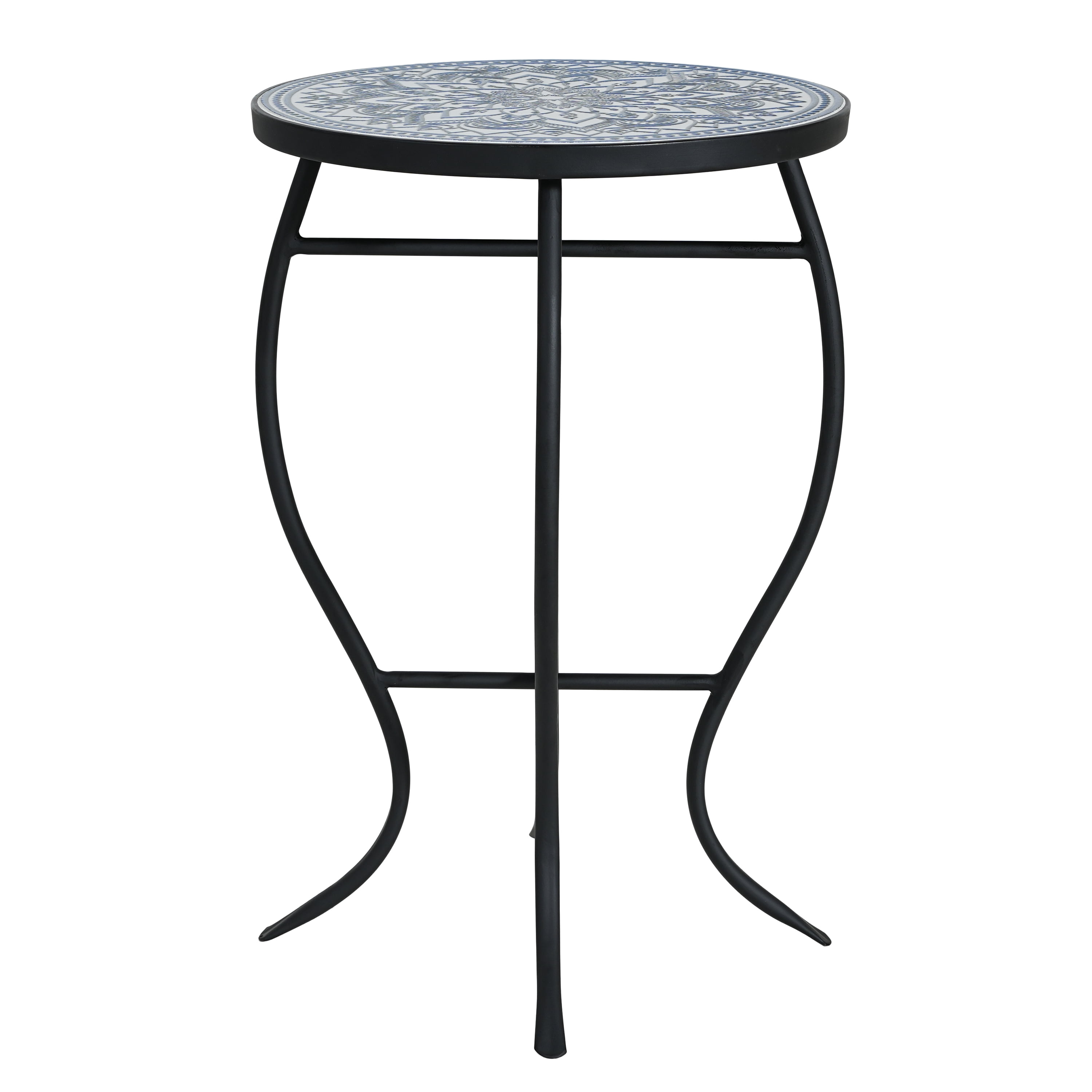 Outdoor Round Mosaic Top Iron Leg Side Table for Patio Garden, Blue
