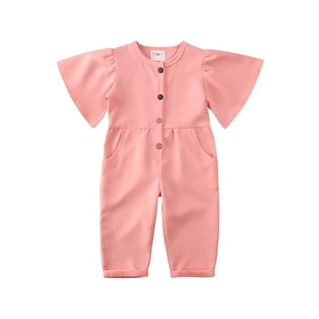 

Kids Baby Girls Short Sleeve Rompers Solid Color Round Neck Button Closure Harem Pants Jumpsuit