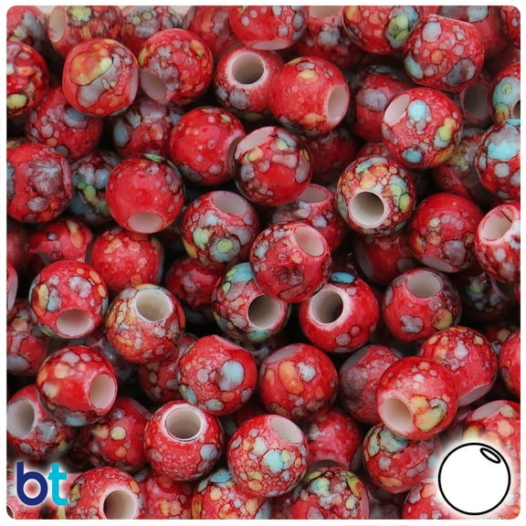 BeadTin Red Marbled 12mm Round Large Hole Plastic Pony Beads (75pcs)