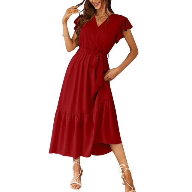Vestido PRETTYGARDEN Bohemio Maxi Floral con Escote Cruzado en V Vino Rojo Talle S