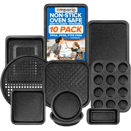 10-Piece Stackable Nonstick Baking Pan Set – Gray Marble Carbon Steel Bakeware, Oven Safe to 450°F, with Recipe Booklet