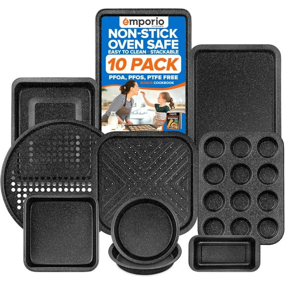 10-Piece Stackable Nonstick Baking Pan Set – Gray Marble Carbon Steel Bakeware, Oven Safe to 450°F, with Recipe Booklet