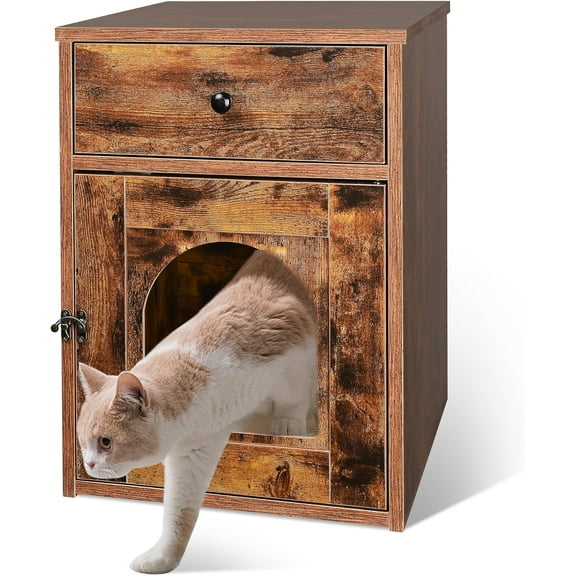 Meuble d'Enclos pour Litière de Chat en Bois, Maison de Chat Cachée Armoire Intérieure Salle de Bain pour Chat Table d'Appoint Table de Nuit avec Tiroir et Porte
