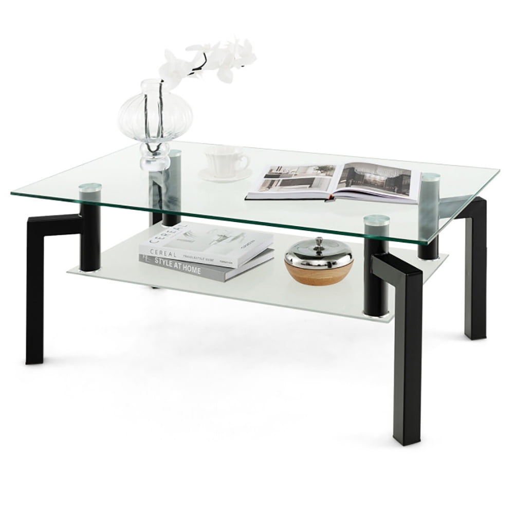Finihen Coffee Table, Glass Coffee Table, 2-Tier Rectangular Glass Coffee Table with Metal Tube Legs, for Living Room, Reception Room, Black Finihen Coffee Table, Glass Coffee Table, 2-Tier Rectangular Glass Coffee Table with Metal Tube Legs, for Living Room, Reception Room, Black