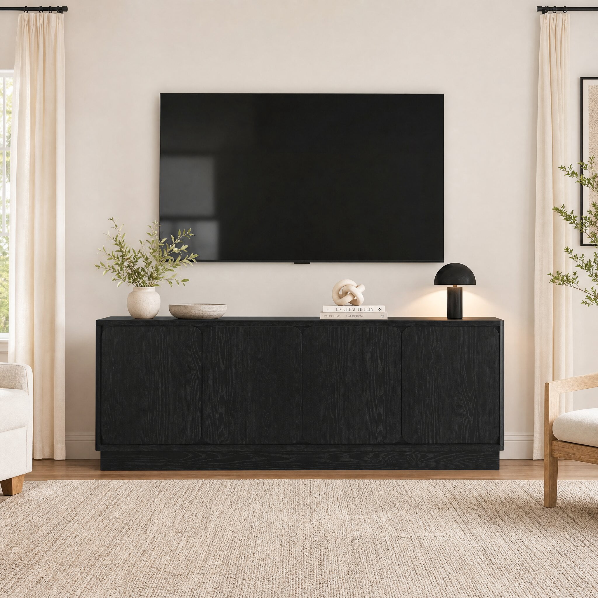 Mintazer 63'' TV Stand with 4 Storage Doors, Low Profile Storage Media Console Table with Cable Holes for Living Room, Kitchen, Bedroom & Entryway, Black