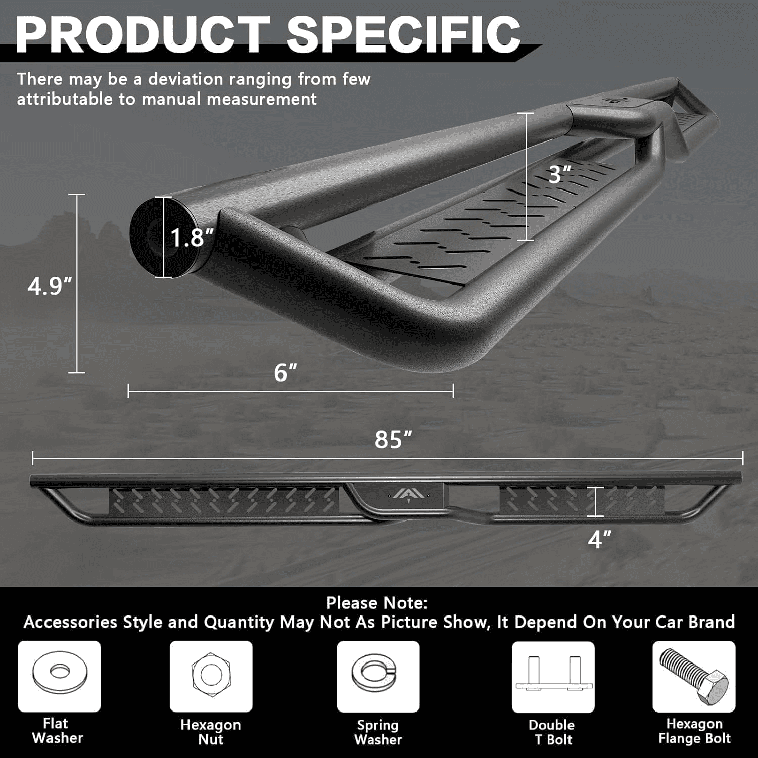 Running Boards & Side Steps for 2005-2023 Toyota Tacoma - Double Cab (4 Full Size Doors) Black Carbon Steel Step Bars Step Rails Nerf Bars, Easy To Install Truck Accessories
