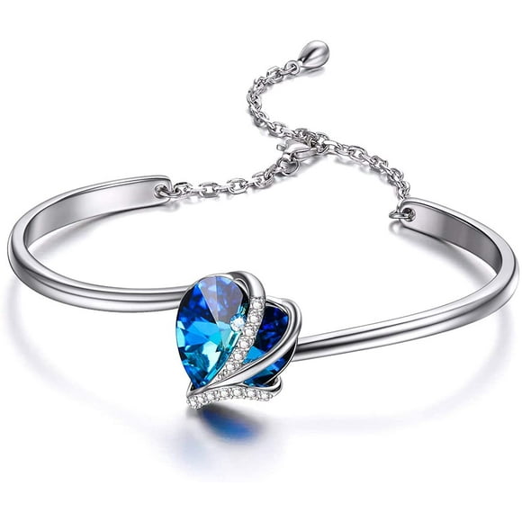 “Romantic Love” Heart Crystal Bangle Bracelet for Women Platinum Plated Adjustable Bracelet