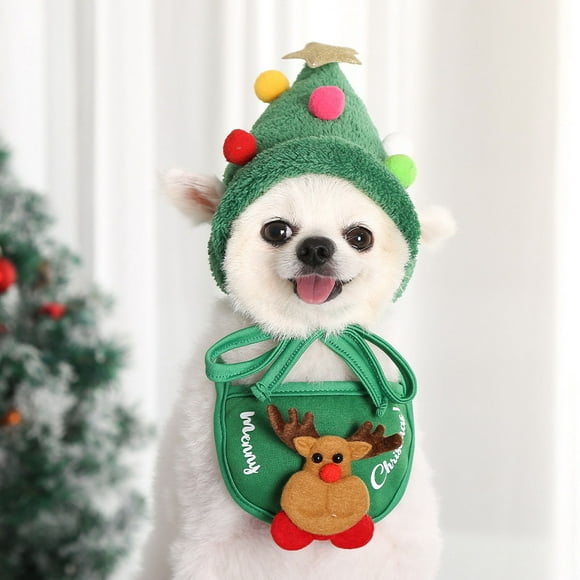 2-Piece Set(Elk+ Santa) Christmas-Themed Antler Hat Christmas Tree Hat and Santa Claus Elk Reindeer Saliva Towel Bandana Bib Suitable for Small Cats Dogs and PeChristmas Hat, Santa Hat Holiday Velvet