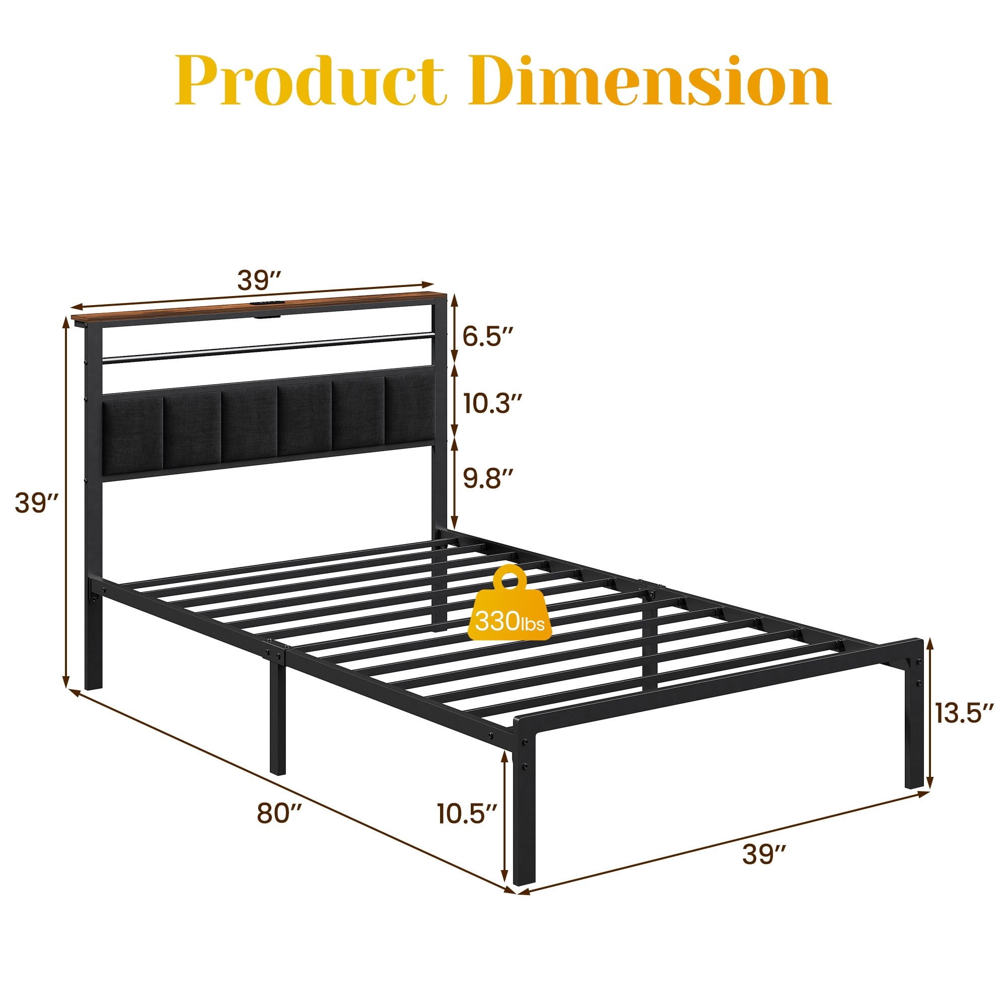 MAYEERTY Twin Size Bed Frame with Headboard and Storage Shelf, Metal Platform Bed with Charging Station, No Box Spring Needed for Bedroom Dorm Room