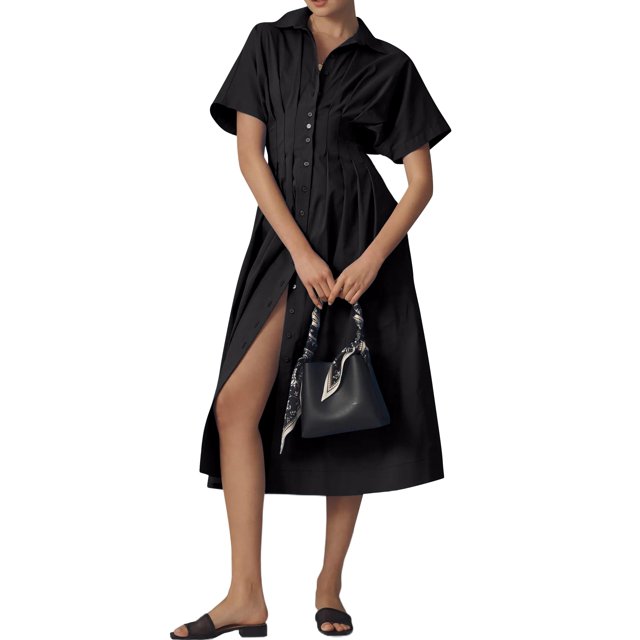Vestido maxi camisero JEIBKOUY a rayas con botones en la parte delantera y cuello en V para mujer