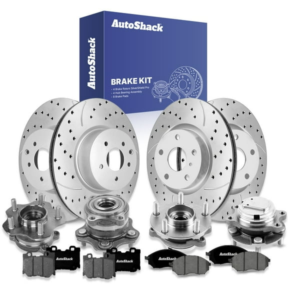 AutoShack Front Vented & Rear Vented Drilled & Slotted Silver Zinc Coated Brake Rotors   Premium Ceramic Pads   Hub Bearing Assembly 16-PC Brake Kit Replacement for 2019 INFINITI Q70 SilverShield Pro
