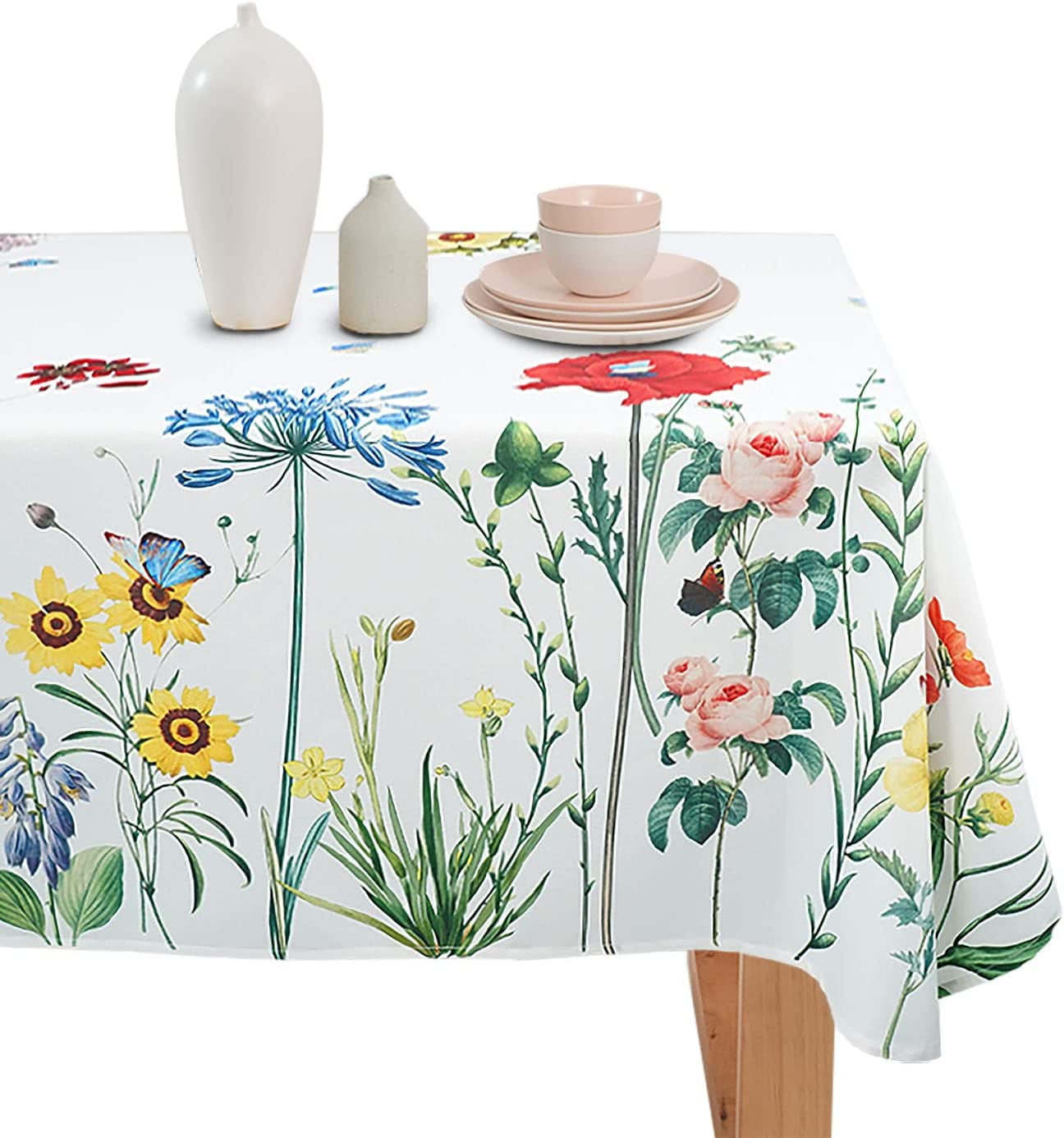 Floral Tablecloth Spring Summer Wild Flower Butterfly Tablecloths Rectangle 60x84inch Table Cloth Waterproof Wrinkle Resistant Table Cloth for Dining Holiday Parties,Indoor and Outdoor Dining