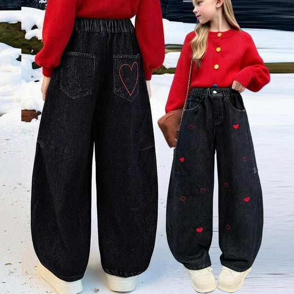 MKOSPLRT Jennes à Jambe Grand pour Fille 4-15 Ans, Chaudes, Doublées en Molleton, Jennes à Jambe Droite, Broderie Cœur d'Amour, Pantalon en Denim Y2K avec Poche