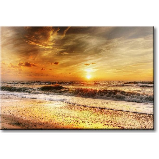 Sunset on Beach Picture on Stretched Canvas, Wall Art Décor, Ready to