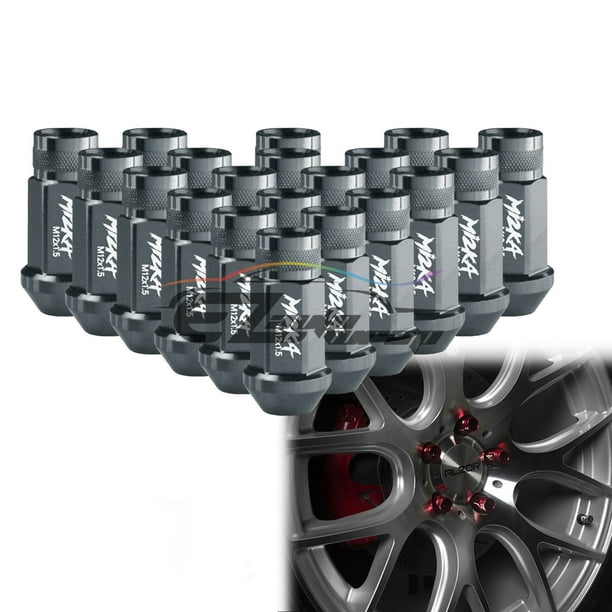 20 Gunmetal M12x1.25 50mm Aluminum Flattop Capped Tuner Wheel Lug Nut+Adapter