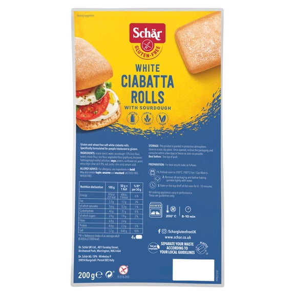Schar Every Day Gluten-free Soft Rolls - White Ciabatta 200g, Imported from Britain