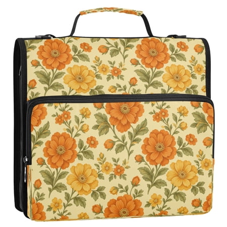 3 Ring Zipper Binder Stationery Organizer for Study Work Home Travel All-Purpose File Folder Storage Bag for Daily Document Organization Vintage Orange Floral Graphic